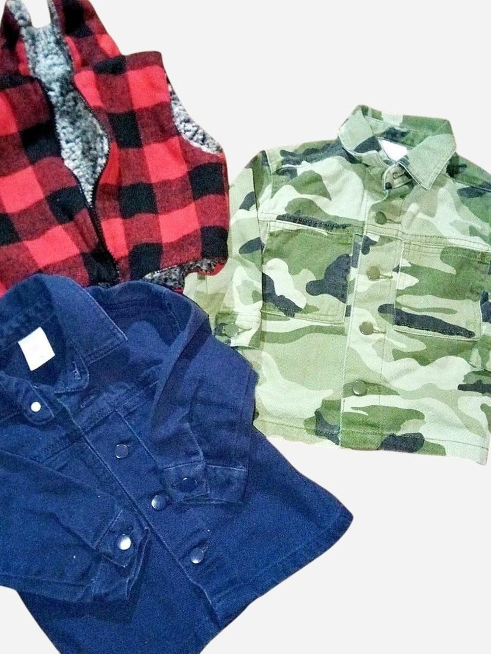 Kids Jacket Trio - Camo, Navy, Red Buffalo Plaid